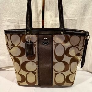 COACH Y2K Signature Stripe Monogram Brown Jacquard Canvas Tote/Shoulder Bag